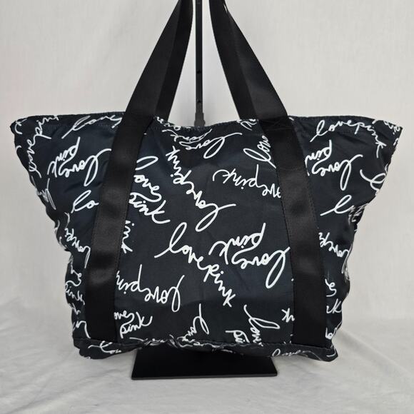 Pink Victoria's Secret Tote Black with White Love Pink Print - Picture 2 of 16